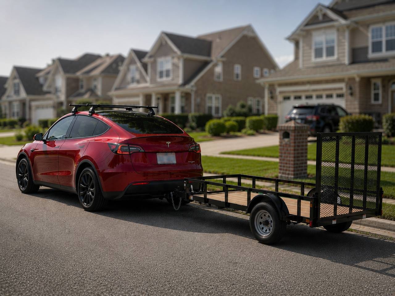 Zipoli Home Services utility trailer hitched to a Tesla, ready for a hauling and removal job in a Lake Norman neighborhood